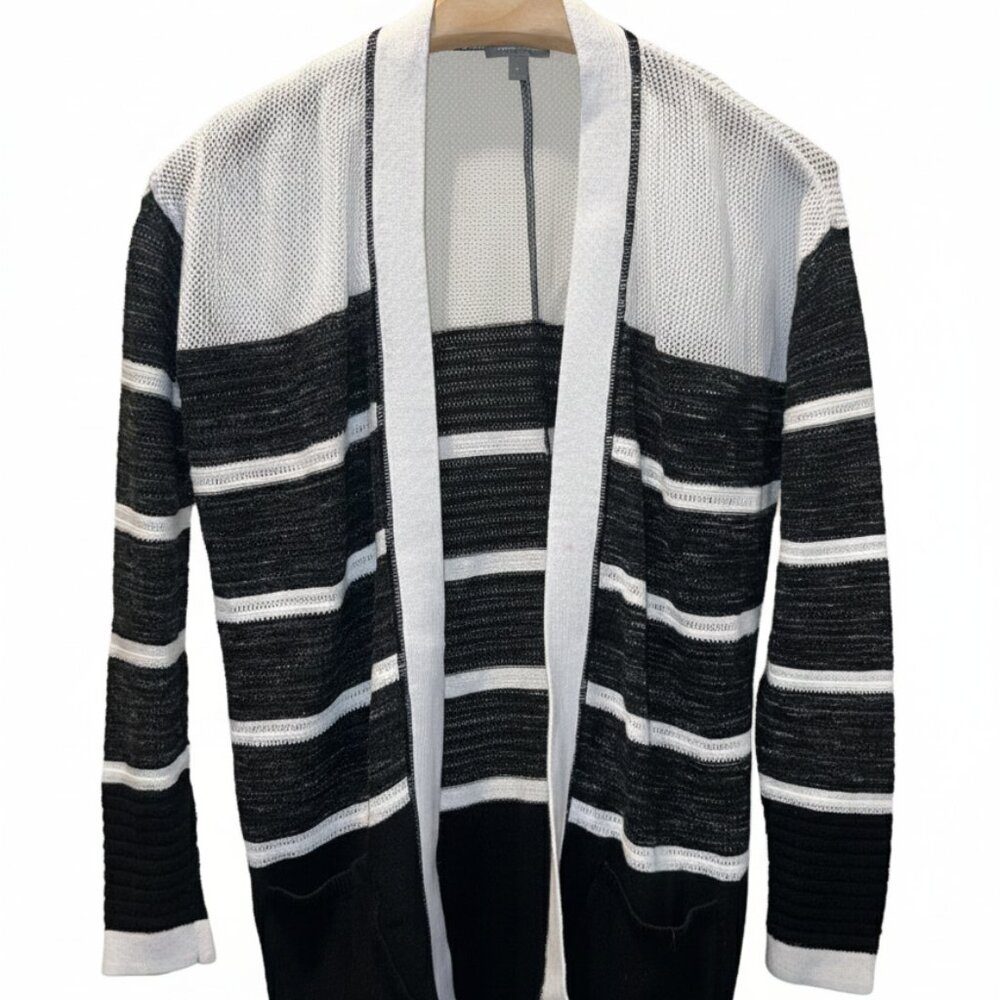 Talbots Navy Blue and White Stripe Open-Front Flyaway Cardigan Sweater